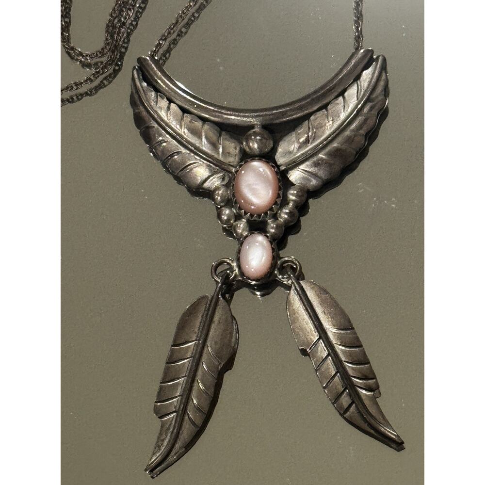 Vintage Navajo Sterling Silver Pink Conch Dangle Feather Necklace Signed S Cline